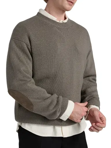 FRAME Men's Suede Elbow-Patch Wool-Cashmere Crewneck Sweater - Light Taupe | Thumbnail 6 FRAME Men's Suede Elbow-Patch Wool-Cashmere Crewneck Sweater - Light Taupe | Thumbnail 6