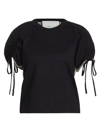 3.1 Phillip Lim Women's Ruched-Sleeve Cotton T-Shirt - White Black Multi | Thumbnail 1 3.1 Phillip Lim Women's Ruched-Sleeve Cotton T-Shirt - White Black Multi | Thumbnail 1