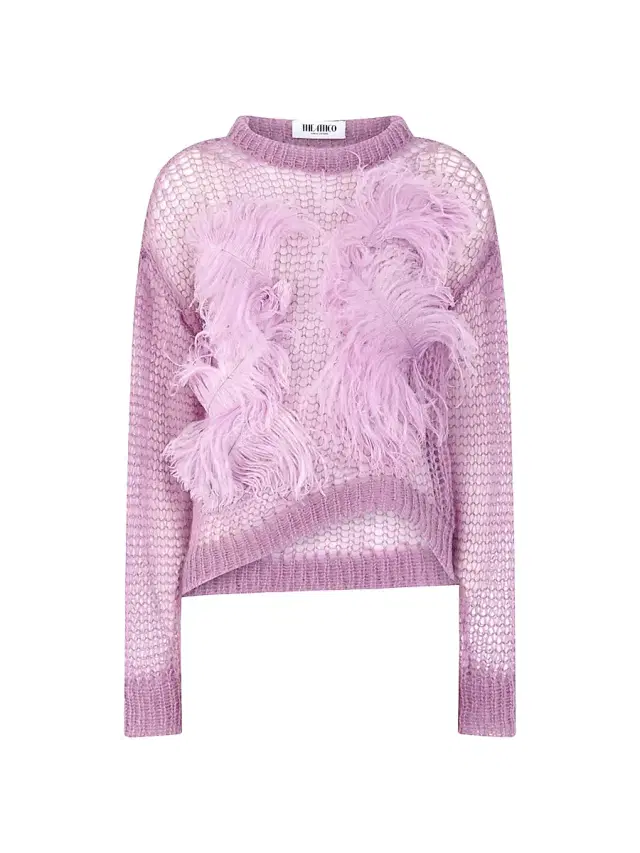 Women's Ostrich Feather-Detailed Mohair-Blend Open-Knit Sweater - Light Mauve Women's Ostrich Feather-Detailed Mohair-Blend Open-Knit Sweater - Light Mauve