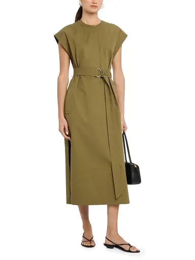 ARGENT Women's Belted Cap-Sleeve Cotton Twill Midi-Dress - Green | Thumbnail 3 ARGENT Women's Belted Cap-Sleeve Cotton Twill Midi-Dress - Green | Thumbnail 3