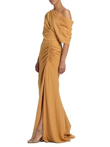Amsale Women's Asymmetric Ruched A-Line Gown - Apricot | Thumbnail 2 Amsale Women's Asymmetric Ruched A-Line Gown - Apricot | Thumbnail 2