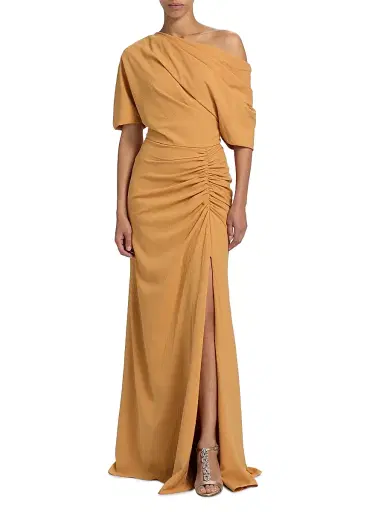 Amsale Women's Asymmetric Ruched A-Line Gown - Apricot | Thumbnail 3 Amsale Women's Asymmetric Ruched A-Line Gown - Apricot | Thumbnail 3