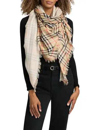 Burberry Women's Check Double-Layered Wool-Silk Scarf - Sand | Thumbnail 3 Burberry Women's Check Double-Layered Wool-Silk Scarf - Sand | Thumbnail 3