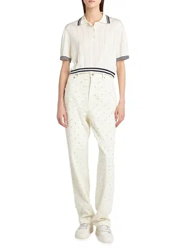 Golden Goose Women's Golden Cropped Open-Work Polo Top - White Blue - Size XXS | Thumbnail 2 Golden Goose Women's Golden Cropped Open-Work Polo Top - White Blue - Size XXS | Thumbnail 2