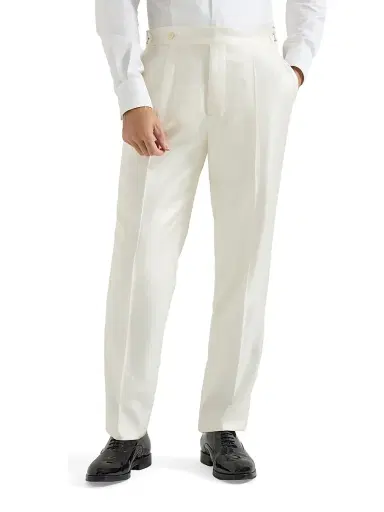 Brunello Cucinelli Men's Silk Diagonal Tuxedo Trousers with Pleat and Waist Tabs - Off White | Thumbnail 2 Brunello Cucinelli Men's Silk Diagonal Tuxedo Trousers with Pleat and Waist Tabs - Off White | Thumbnail 2