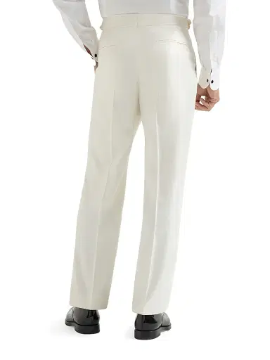 Brunello Cucinelli Men's Silk Diagonal Tuxedo Trousers with Pleat and Waist Tabs - Off White | Thumbnail 4 Brunello Cucinelli Men's Silk Diagonal Tuxedo Trousers with Pleat and Waist Tabs - Off White | Thumbnail 4