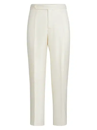 Brunello Cucinelli Men's Silk Diagonal Tuxedo Trousers with Pleat and Waist Tabs - Off White | Thumbnail 1 Brunello Cucinelli Men's Silk Diagonal Tuxedo Trousers with Pleat and Waist Tabs - Off White | Thumbnail 1