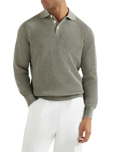 Brunello Cucinelli Men's Cotton English Rib Knit Polo Shirt with Long Raglan Sleeves - Khaki | Thumbnail 2 Brunello Cucinelli Men's Cotton English Rib Knit Polo Shirt with Long Raglan Sleeves - Khaki | Thumbnail 2
