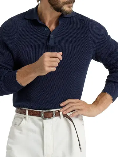Brunello Cucinelli Men's Cotton English Rib Knit Polo Shirt with Long Raglan Sleeves - Khaki | Thumbnail 11 Brunello Cucinelli Men's Cotton English Rib Knit Polo Shirt with Long Raglan Sleeves - Khaki | Thumbnail 11