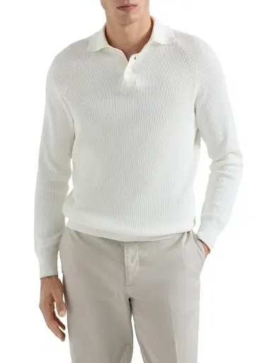 Brunello Cucinelli Men's Cotton English Rib Knit Polo Shirt with Long Raglan Sleeves - Khaki | Thumbnail 14 Brunello Cucinelli Men's Cotton English Rib Knit Polo Shirt with Long Raglan Sleeves - Khaki | Thumbnail 14