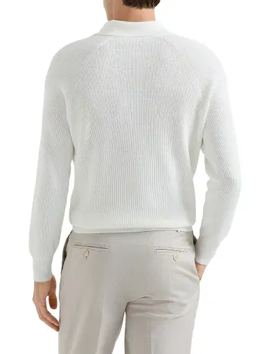 Brunello Cucinelli Men's Cotton English Rib Knit Polo Shirt with Long Raglan Sleeves - Khaki | Thumbnail 15 Brunello Cucinelli Men's Cotton English Rib Knit Polo Shirt with Long Raglan Sleeves - Khaki | Thumbnail 15
