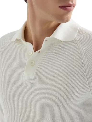 Brunello Cucinelli Men's Cotton English Rib Knit Polo Shirt with Long Raglan Sleeves - Khaki | Thumbnail 16 Brunello Cucinelli Men's Cotton English Rib Knit Polo Shirt with Long Raglan Sleeves - Khaki | Thumbnail 16