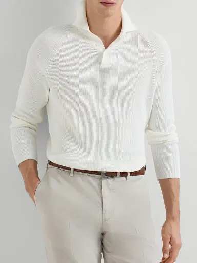 Brunello Cucinelli Men's Cotton English Rib Knit Polo Shirt with Long Raglan Sleeves - Khaki | Thumbnail 17 Brunello Cucinelli Men's Cotton English Rib Knit Polo Shirt with Long Raglan Sleeves - Khaki | Thumbnail 17