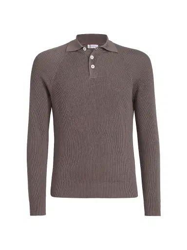 Brunello Cucinelli Men's Cotton English Rib Knit Polo Shirt with Long Raglan Sleeves - Khaki | Thumbnail 19 Brunello Cucinelli Men's Cotton English Rib Knit Polo Shirt with Long Raglan Sleeves - Khaki | Thumbnail 19