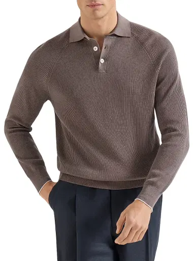 Brunello Cucinelli Men's Cotton English Rib Knit Polo Shirt with Long Raglan Sleeves - Khaki | Thumbnail 20 Brunello Cucinelli Men's Cotton English Rib Knit Polo Shirt with Long Raglan Sleeves - Khaki | Thumbnail 20