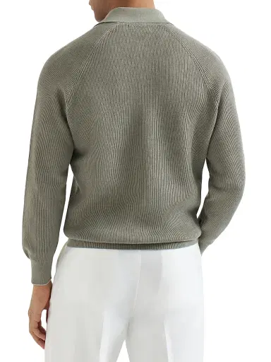 Brunello Cucinelli Men's Cotton English Rib Knit Polo Shirt with Long Raglan Sleeves - Khaki | Thumbnail 3 Brunello Cucinelli Men's Cotton English Rib Knit Polo Shirt with Long Raglan Sleeves - Khaki | Thumbnail 3