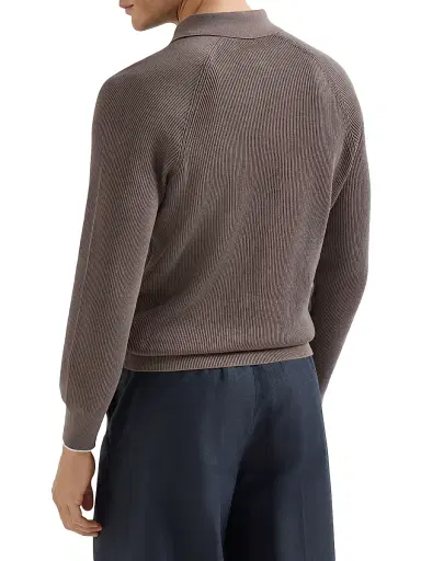 Brunello Cucinelli Men's Cotton English Rib Knit Polo Shirt with Long Raglan Sleeves - Khaki | Thumbnail 21 Brunello Cucinelli Men's Cotton English Rib Knit Polo Shirt with Long Raglan Sleeves - Khaki | Thumbnail 21