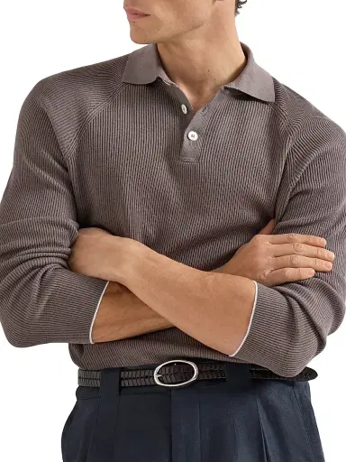 Brunello Cucinelli Men's Cotton English Rib Knit Polo Shirt with Long Raglan Sleeves - Khaki | Thumbnail 22 Brunello Cucinelli Men's Cotton English Rib Knit Polo Shirt with Long Raglan Sleeves - Khaki | Thumbnail 22