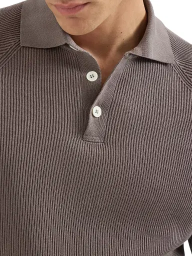 Brunello Cucinelli Men's Cotton English Rib Knit Polo Shirt with Long Raglan Sleeves - Khaki | Thumbnail 23 Brunello Cucinelli Men's Cotton English Rib Knit Polo Shirt with Long Raglan Sleeves - Khaki | Thumbnail 23
