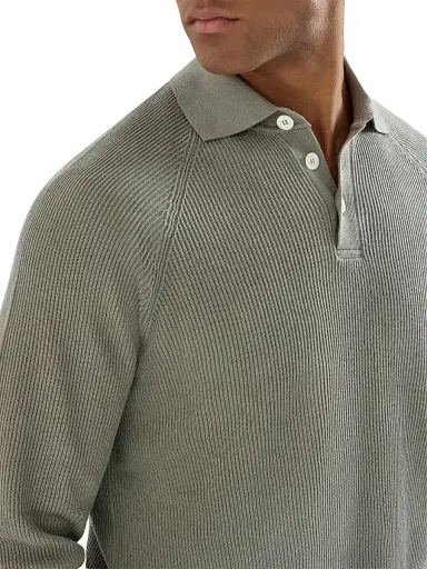Brunello Cucinelli Men's Cotton English Rib Knit Polo Shirt with Long Raglan Sleeves - Khaki | Thumbnail 4 Brunello Cucinelli Men's Cotton English Rib Knit Polo Shirt with Long Raglan Sleeves - Khaki | Thumbnail 4