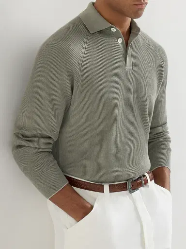 Brunello Cucinelli Men's Cotton English Rib Knit Polo Shirt with Long Raglan Sleeves - Khaki | Thumbnail 5 Brunello Cucinelli Men's Cotton English Rib Knit Polo Shirt with Long Raglan Sleeves - Khaki | Thumbnail 5
