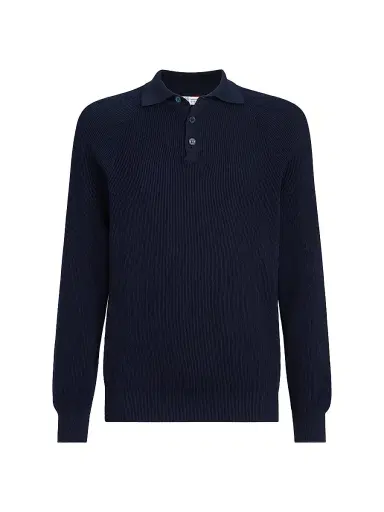 Brunello Cucinelli Men's Cotton English Rib Knit Polo Shirt with Long Raglan Sleeves - Khaki | Thumbnail 7 Brunello Cucinelli Men's Cotton English Rib Knit Polo Shirt with Long Raglan Sleeves - Khaki | Thumbnail 7