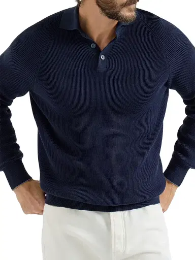 Brunello Cucinelli Men's Cotton English Rib Knit Polo Shirt with Long Raglan Sleeves - Khaki | Thumbnail 8 Brunello Cucinelli Men's Cotton English Rib Knit Polo Shirt with Long Raglan Sleeves - Khaki | Thumbnail 8