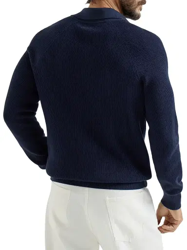 Brunello Cucinelli Men's Cotton English Rib Knit Polo Shirt with Long Raglan Sleeves - Khaki | Thumbnail 9 Brunello Cucinelli Men's Cotton English Rib Knit Polo Shirt with Long Raglan Sleeves - Khaki | Thumbnail 9