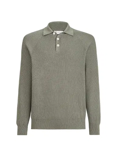 Brunello Cucinelli Men's Cotton English Rib Knit Polo Shirt with Long Raglan Sleeves - Khaki | Thumbnail 1 Brunello Cucinelli Men's Cotton English Rib Knit Polo Shirt with Long Raglan Sleeves - Khaki | Thumbnail 1