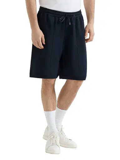 Brunello Cucinelli Men's Cotton and Silk French Terry Double Knit Bermuda Shorts with Logo - Navy Blue | Thumbnail 2 Brunello Cucinelli Men's Cotton and Silk French Terry Double Knit Bermuda Shorts with Logo - Navy Blue | Thumbnail 2