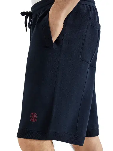 Brunello Cucinelli Men's Cotton and Silk French Terry Double Knit Bermuda Shorts with Logo - Navy Blue | Thumbnail 4 Brunello Cucinelli Men's Cotton and Silk French Terry Double Knit Bermuda Shorts with Logo - Navy Blue | Thumbnail 4
