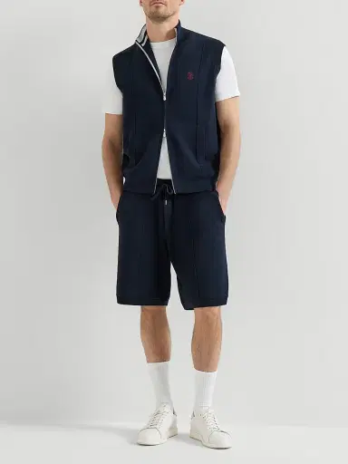 Brunello Cucinelli Men's Cotton and Silk French Terry Double Knit Bermuda Shorts with Logo - Navy Blue | Thumbnail 6 Brunello Cucinelli Men's Cotton and Silk French Terry Double Knit Bermuda Shorts with Logo - Navy Blue | Thumbnail 6
