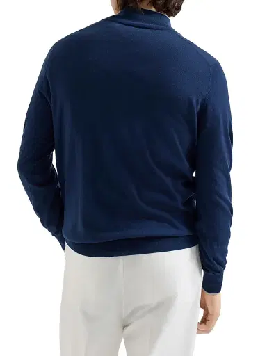 Brunello Cucinelli Men's Sea Island Cotton and Cashmere Lightweight Sweater with Half Zip - Avio Blue | Thumbnail 3 Brunello Cucinelli Men's Sea Island Cotton and Cashmere Lightweight Sweater with Half Zip - Avio Blue | Thumbnail 3