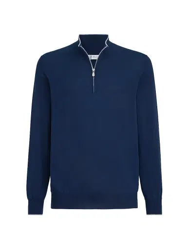 Brunello Cucinelli Men's Sea Island Cotton and Cashmere Lightweight Sweater with Half Zip - Avio Blue | Thumbnail 1 Brunello Cucinelli Men's Sea Island Cotton and Cashmere Lightweight Sweater with Half Zip - Avio Blue | Thumbnail 1