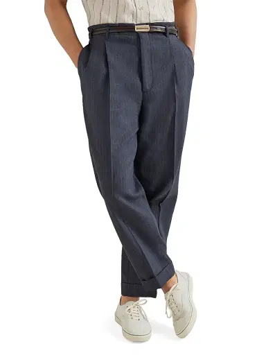 Brunello Cucinelli Men's Virgin Wool and Paper Fiber Chevron Trousers with Double Pleats - Navy Blue | Thumbnail 2 Brunello Cucinelli Men's Virgin Wool and Paper Fiber Chevron Trousers with Double Pleats - Navy Blue | Thumbnail 2