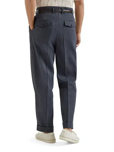 Brunello Cucinelli Men's Virgin Wool and Paper Fiber Chevron Trousers with Double Pleats - Navy Blue | Thumbnail 4 Brunello Cucinelli Men's Virgin Wool and Paper Fiber Chevron Trousers with Double Pleats - Navy Blue | Thumbnail 4