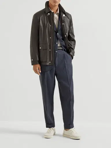 Brunello Cucinelli Men's Virgin Wool and Paper Fiber Chevron Trousers with Double Pleats - Navy Blue | Thumbnail 6 Brunello Cucinelli Men's Virgin Wool and Paper Fiber Chevron Trousers with Double Pleats - Navy Blue | Thumbnail 6