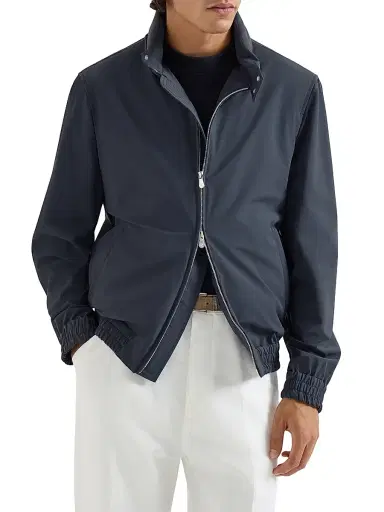 Brunello Cucinelli Men's Bonded Nylon Outerwear Jacket with Packable Hood - Navy Blue | Thumbnail 2 Brunello Cucinelli Men's Bonded Nylon Outerwear Jacket with Packable Hood - Navy Blue | Thumbnail 2