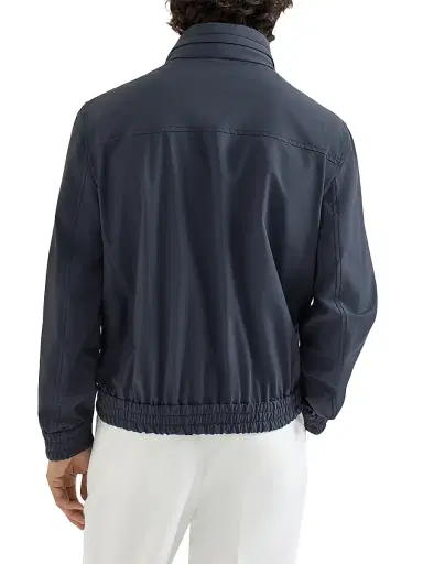 Brunello Cucinelli Men's Bonded Nylon Outerwear Jacket with Packable Hood - Navy Blue | Thumbnail 3 Brunello Cucinelli Men's Bonded Nylon Outerwear Jacket with Packable Hood - Navy Blue | Thumbnail 3