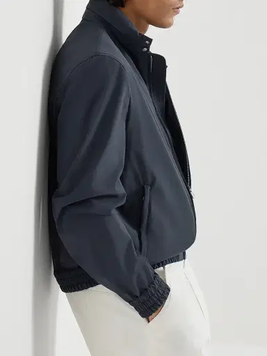 Brunello Cucinelli Men's Bonded Nylon Outerwear Jacket with Packable Hood - Navy Blue | Thumbnail 5 Brunello Cucinelli Men's Bonded Nylon Outerwear Jacket with Packable Hood - Navy Blue | Thumbnail 5