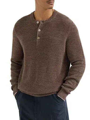 Brunello Cucinelli Men's Cotton And Linen Half English Rib Knit Sweater with Henley Collar - Hazelnut - Size 40 | Thumbnail 2 Brunello Cucinelli Men's Cotton And Linen Half English Rib Knit Sweater with Henley Collar - Hazelnut - Size 40 | Thumbnail 2