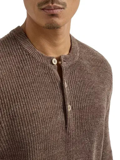 Brunello Cucinelli Men's Cotton And Linen Half English Rib Knit Sweater with Henley Collar - Hazelnut - Size 40 | Thumbnail 4 Brunello Cucinelli Men's Cotton And Linen Half English Rib Knit Sweater with Henley Collar - Hazelnut - Size 40 | Thumbnail 4