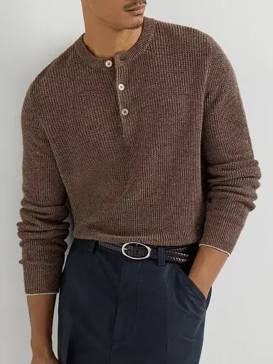 Brunello Cucinelli Men's Cotton And Linen Half English Rib Knit Sweater with Henley Collar - Hazelnut - Size 40 | Thumbnail 5 Brunello Cucinelli Men's Cotton And Linen Half English Rib Knit Sweater with Henley Collar - Hazelnut - Size 40 | Thumbnail 5