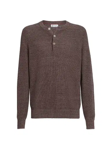 Brunello Cucinelli Men's Cotton And Linen Half English Rib Knit Sweater with Henley Collar - Hazelnut - Size 40 | Thumbnail 1 Brunello Cucinelli Men's Cotton And Linen Half English Rib Knit Sweater with Henley Collar - Hazelnut - Size 40 | Thumbnail 1