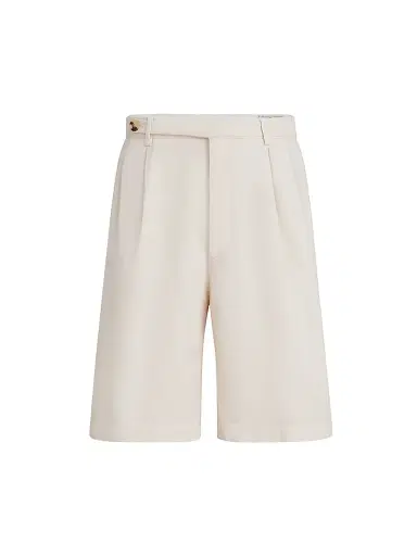Brunello Cucinelli Men's Bermuda Shorts in Twisted Cotton Gabardine with Pleats - Off White | Thumbnail 1 Brunello Cucinelli Men's Bermuda Shorts in Twisted Cotton Gabardine with Pleats - Off White | Thumbnail 1