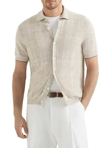 Brunello Cucinelli Men's Linen and Cotton Textured Rib Short Sleeve Knit Shirt - Buff | Thumbnail 2 Brunello Cucinelli Men's Linen and Cotton Textured Rib Short Sleeve Knit Shirt - Buff | Thumbnail 2