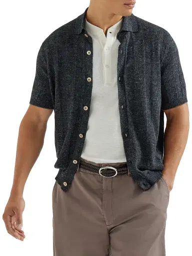 Brunello Cucinelli Men's Linen and Cotton Textured Rib Short Sleeve Knit Shirt - Buff | Thumbnail 11 Brunello Cucinelli Men's Linen and Cotton Textured Rib Short Sleeve Knit Shirt - Buff | Thumbnail 11