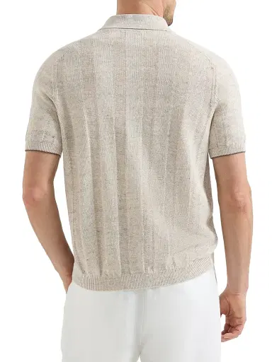 Brunello Cucinelli Men's Linen and Cotton Textured Rib Short Sleeve Knit Shirt - Buff | Thumbnail 3 Brunello Cucinelli Men's Linen and Cotton Textured Rib Short Sleeve Knit Shirt - Buff | Thumbnail 3