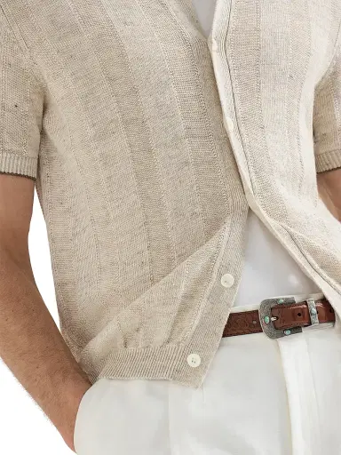 Brunello Cucinelli Men's Linen and Cotton Textured Rib Short Sleeve Knit Shirt - Buff | Thumbnail 4 Brunello Cucinelli Men's Linen and Cotton Textured Rib Short Sleeve Knit Shirt - Buff | Thumbnail 4
