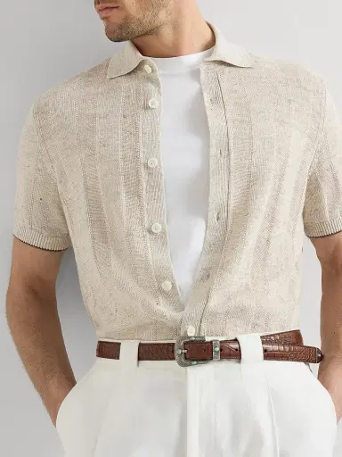 Brunello Cucinelli Men's Linen and Cotton Textured Rib Short Sleeve Knit Shirt - Buff | Thumbnail 5 Brunello Cucinelli Men's Linen and Cotton Textured Rib Short Sleeve Knit Shirt - Buff | Thumbnail 5